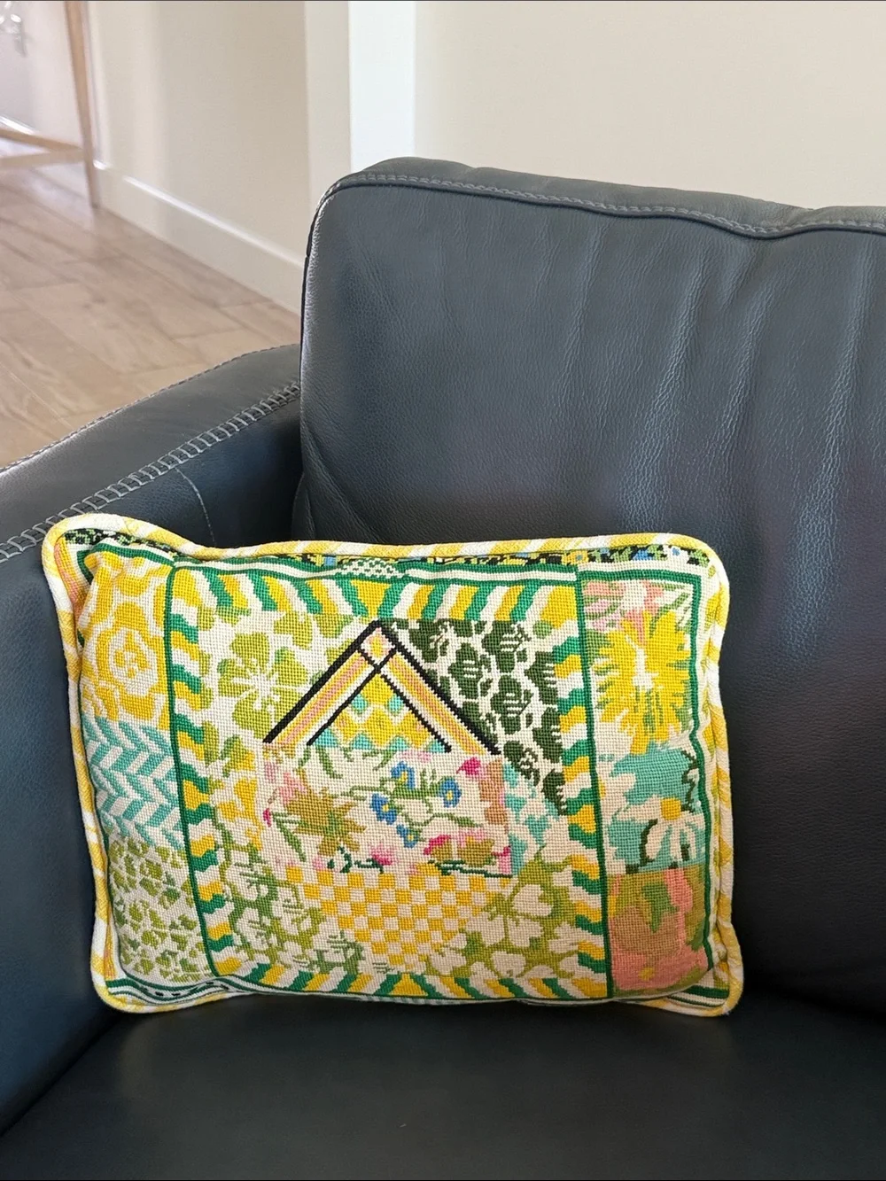 Vintage Needlepoint throw pillow Geometric Pattern w/floral botanical accents